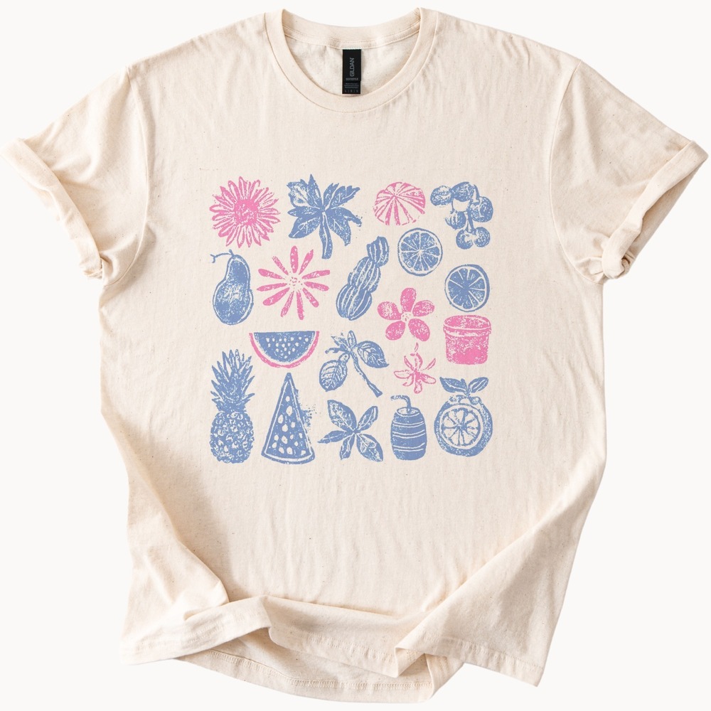 Botanical Stamp Graphic Tee Fruit Flower Block Print Style - Picture 3 of 5